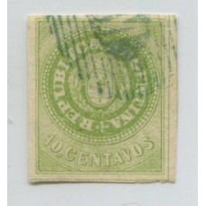 ARGENTINA 1862 GJ 11 ESCUDITO DE 10 Cts. ESTAMPILLA USADA CON DOBLEZ DE CARTA, AUN ASI HERMOSO EJEMPLAR U$ 275